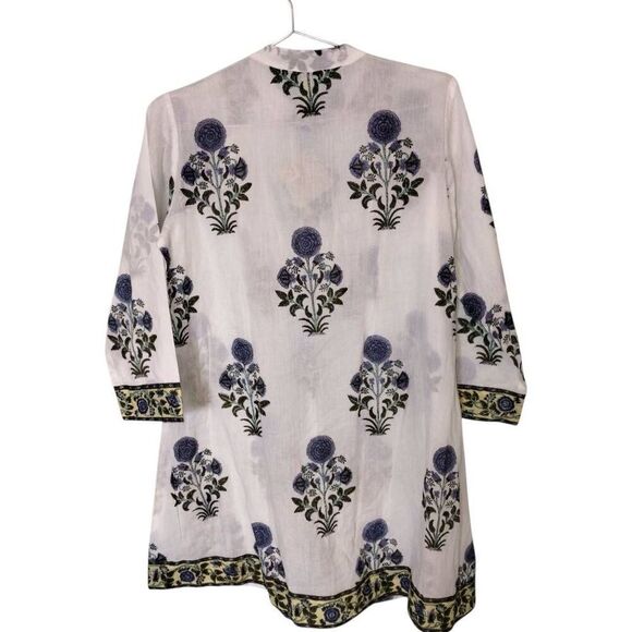 Miniature Auroville Womens Dress Sz L 100% Cotton Bib 3/4 Sleeve Botanical Kurta - Picture 2 of 11